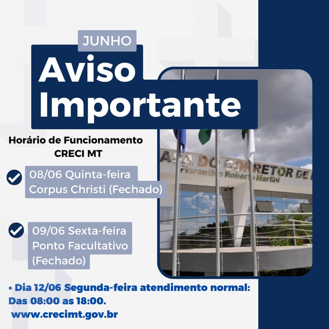 CRECI-MT NÃO ABRIRÁ NO FERIADO DE CORPUS CHRISTI NESTA QUINTA-FEIRA, 08